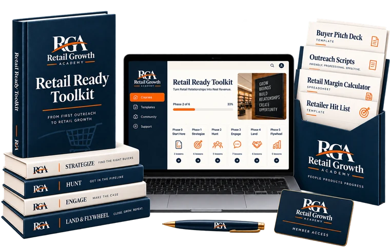 The Retail Ready Toolkit: the course portal on a laptop, the five phase books, and the template pack